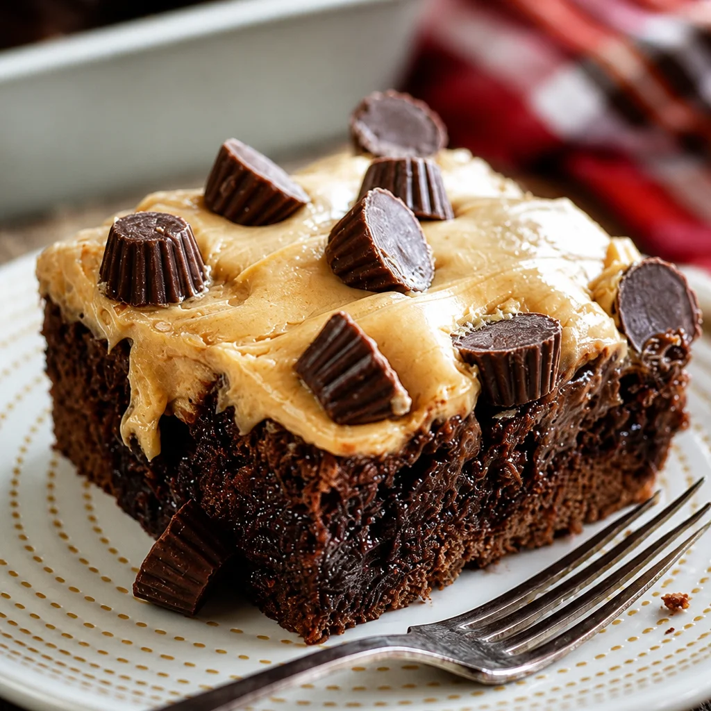 Peanut Butter Chocolate Poke Cake topped with whipped cream and chocolate drizzle.