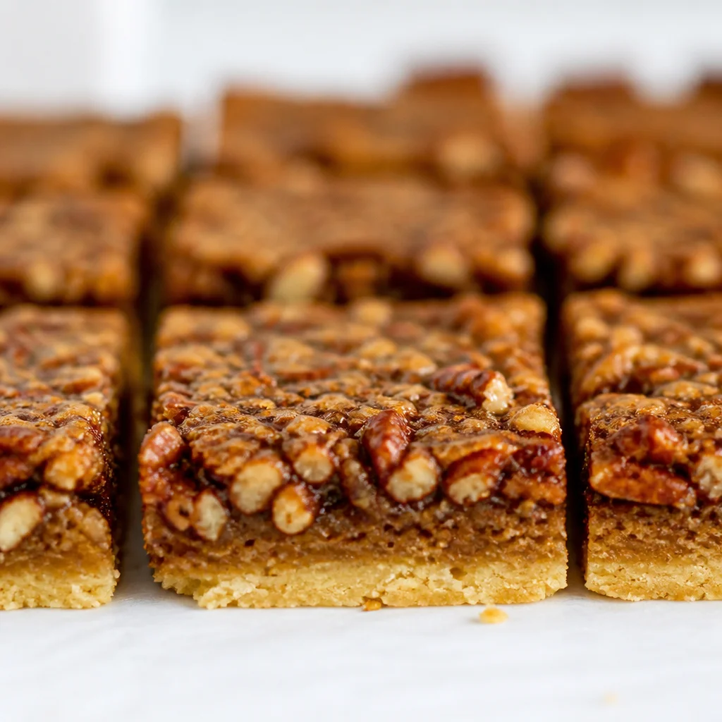 Gooey Pecan Pie Bars with a buttery shortbread crust topped with pecans.