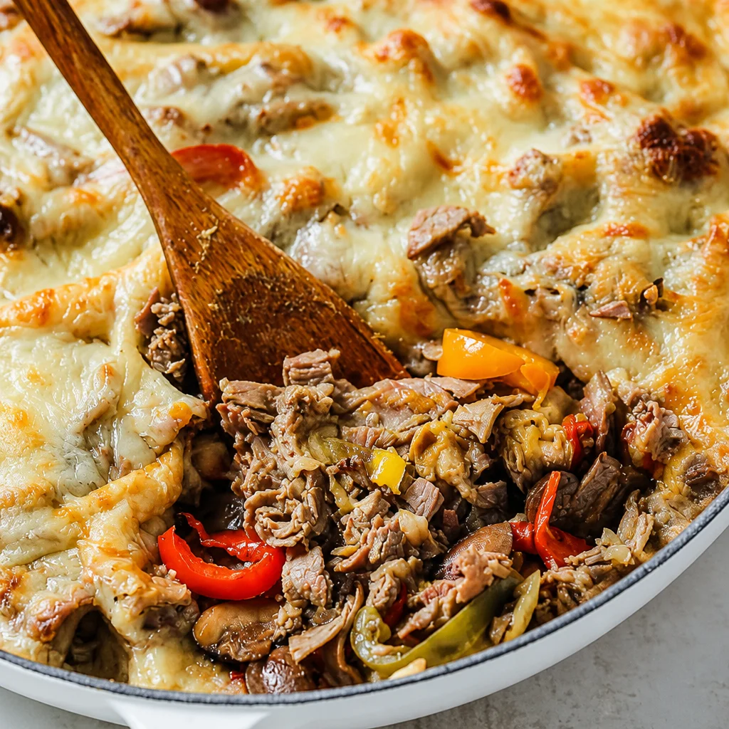 Low Carb Philly Cheesesteak Casserole with sirloin steak, bell peppers, and cheese.