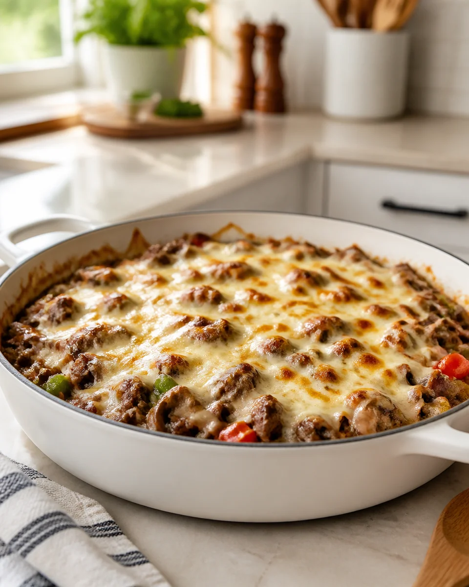 Philly Cheesesteak Casserole (Low Carb Option!)