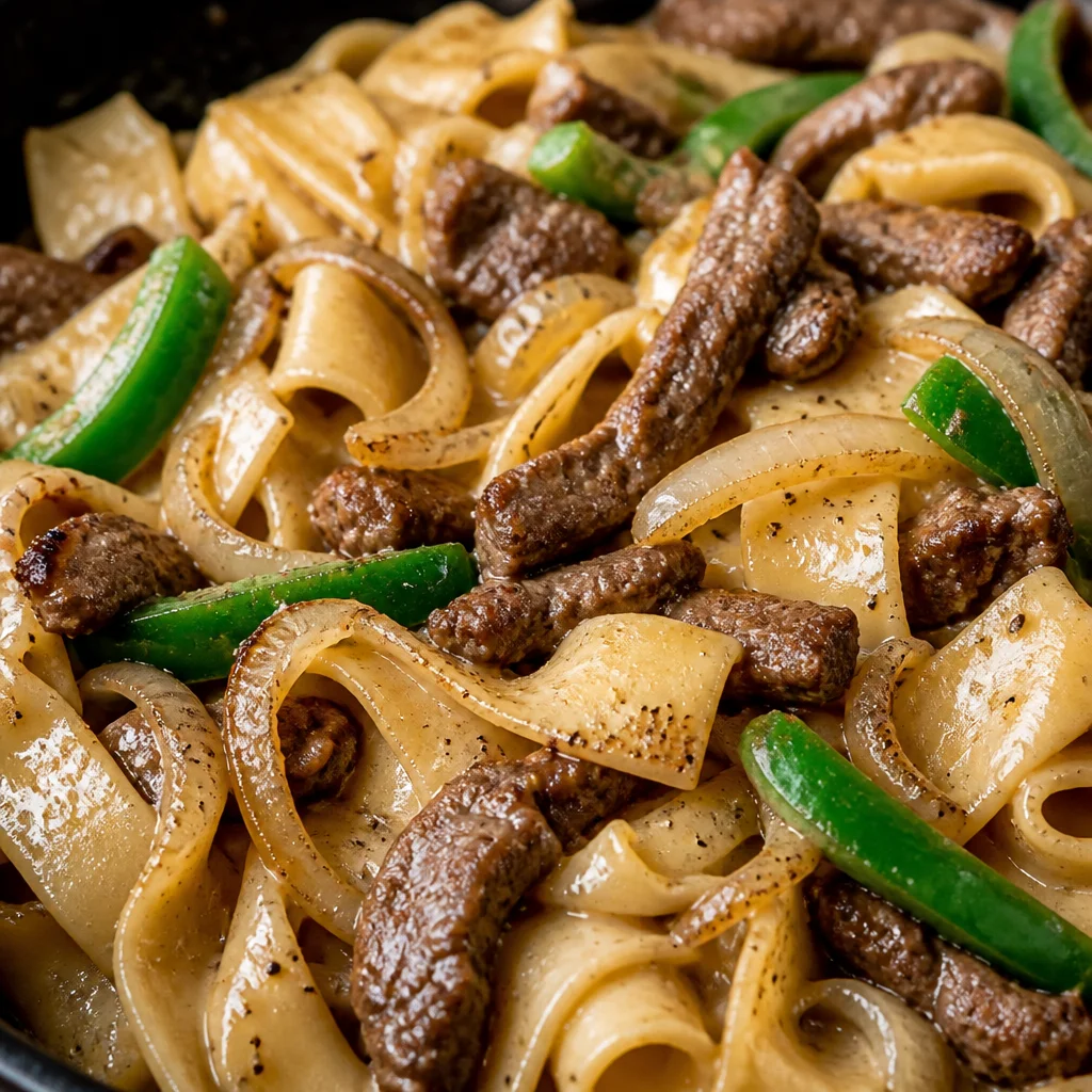 Philly Cheesesteak Pasta Bake with beef, cheese, and bell peppers in a cheesy casserole.