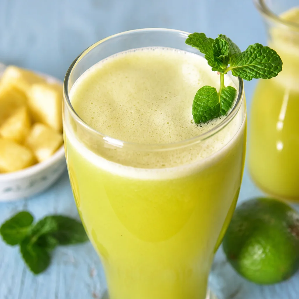 Pineapple Mint Agua Fresca served over ice with mint leaves and lime slices.