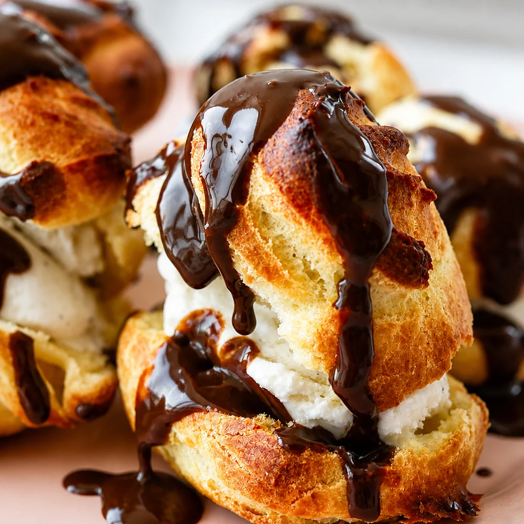 Delicious Profiteroles with Chocolate Sauce topped with glossy chocolate and filled with vanilla cream