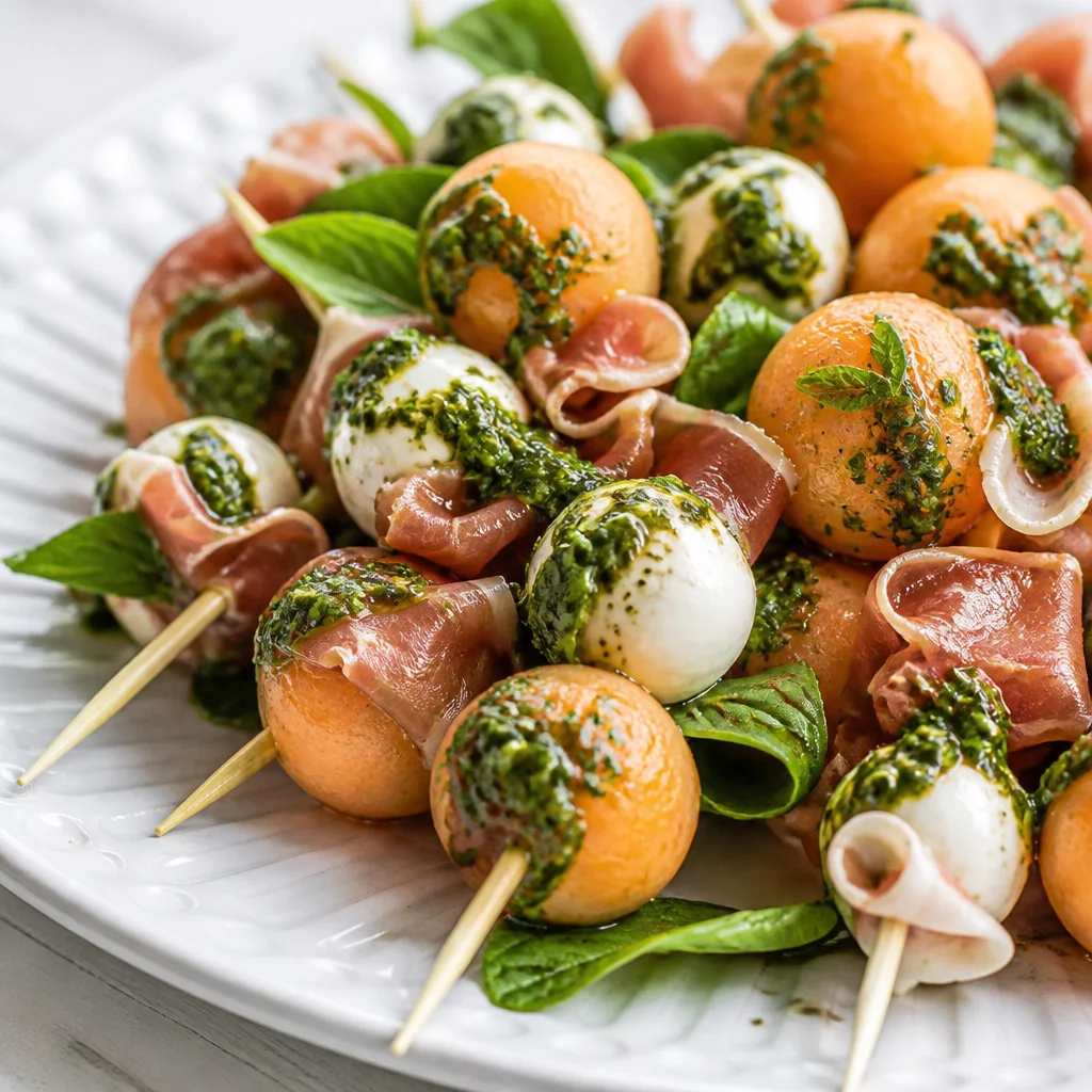Prosciutto and Melon Skewers with Mint served on a platter for appetizers