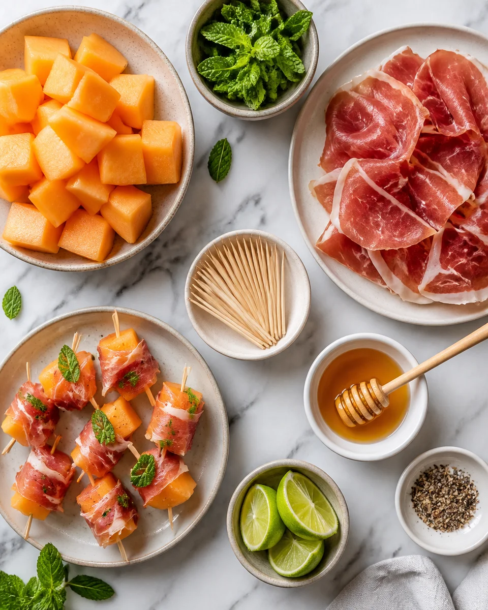 Prosciutto and Melon Skewers with Mint