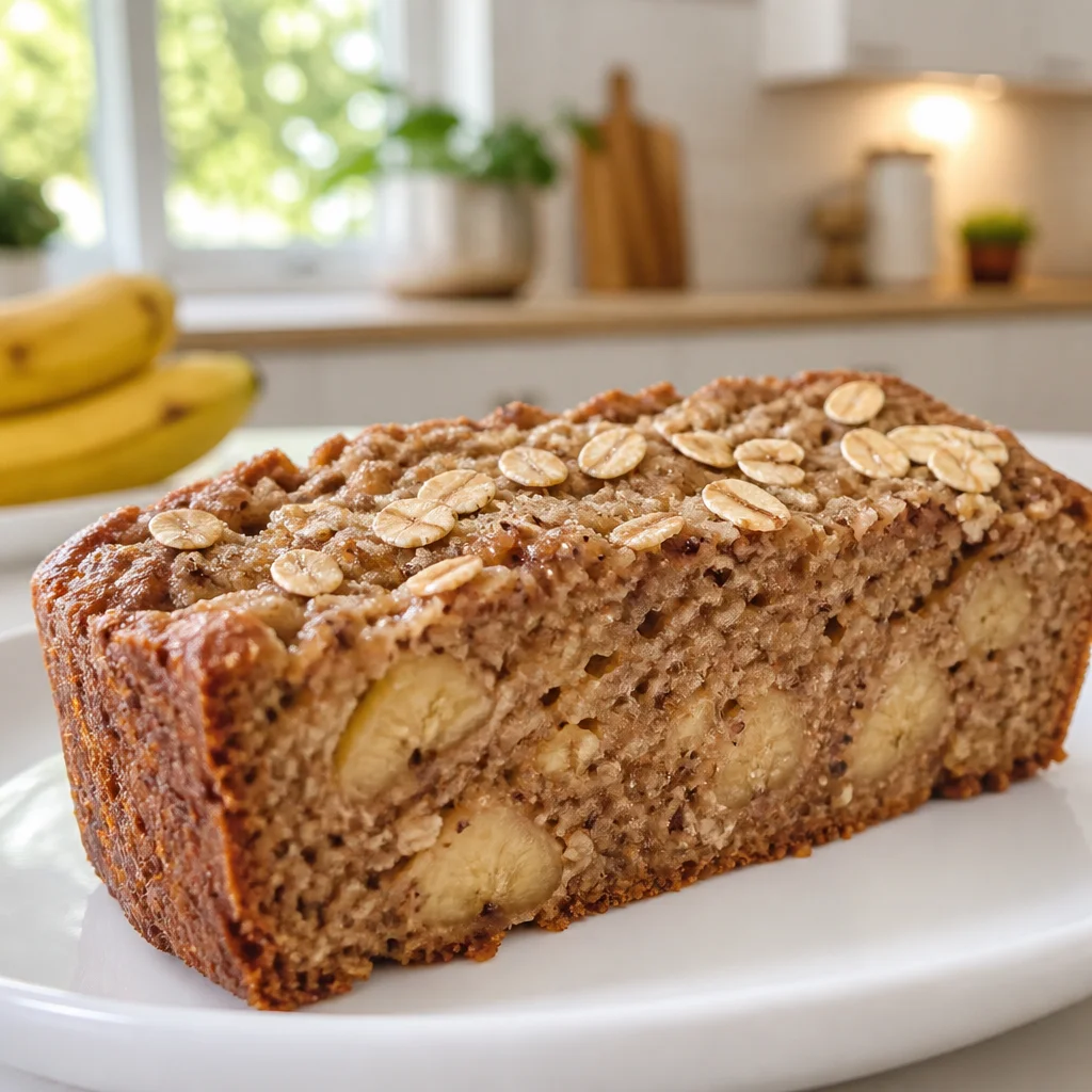 A moist slice of Protein Banana Bread with no added sugar, made with ripe bananas.