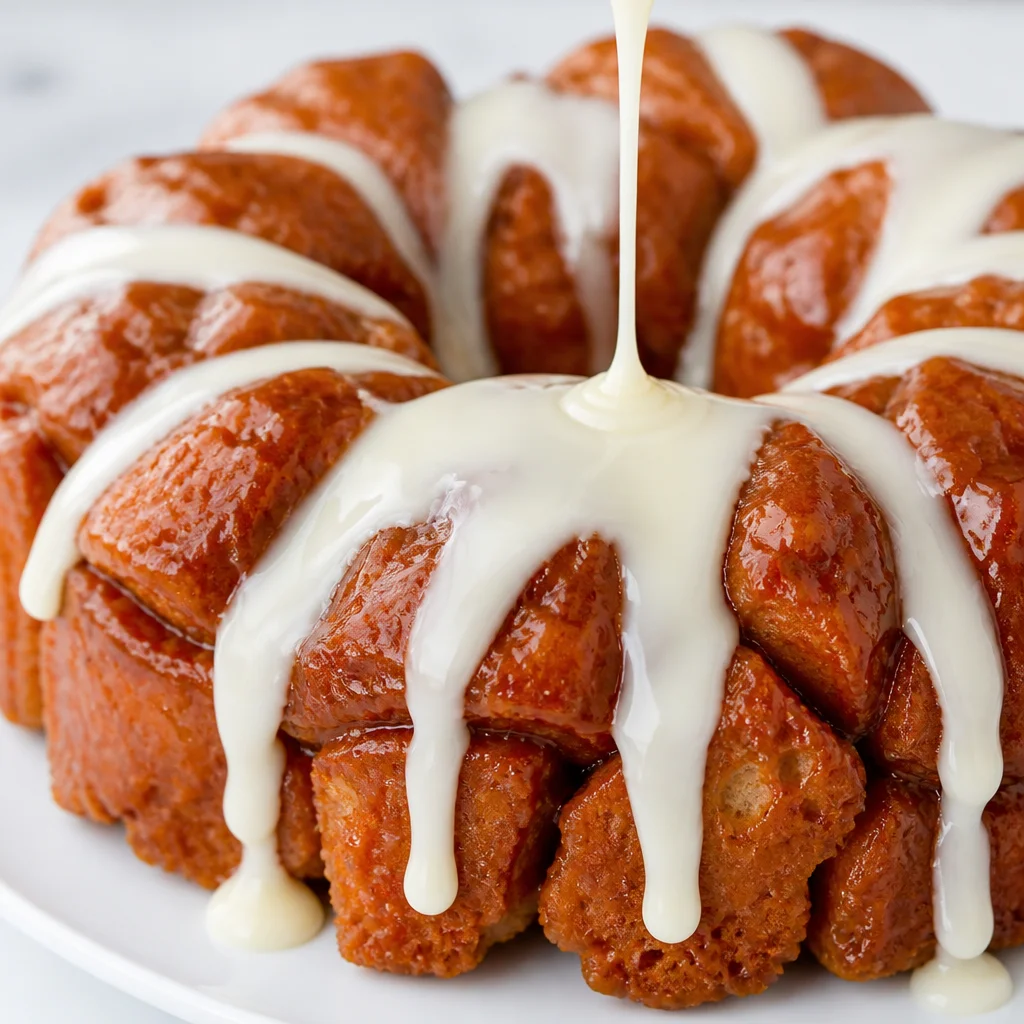 Pull Apart Cinnamon Roll Biscuits topped with a creamy glaze, baked until golden.