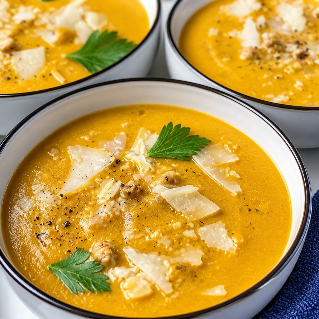Bowl of creamy Pumpkin and Sausage Soup garnished with herbs.