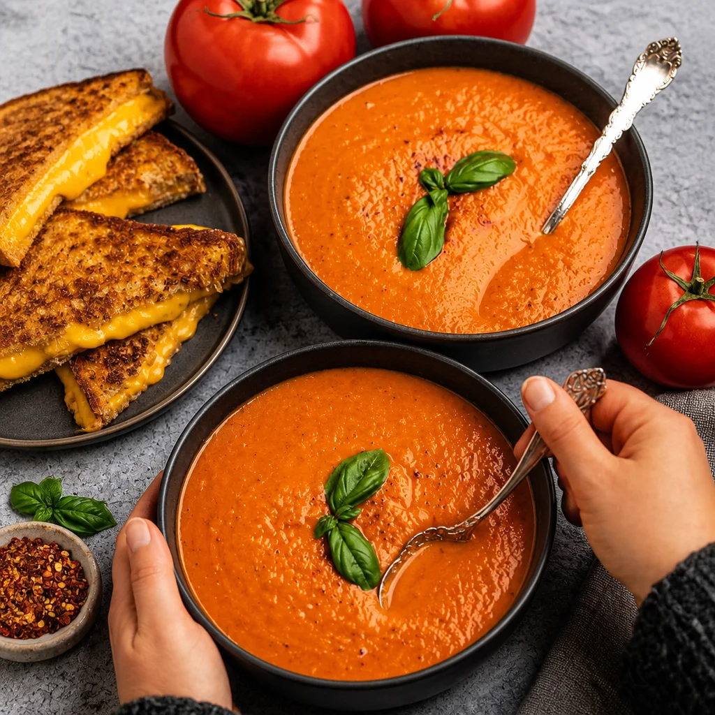 Bowl of creamy Roasted Red Pepper and Tomato Soup topped with herbs.