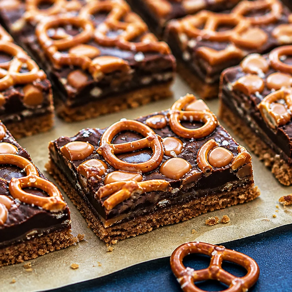 Delicious Salted Caramel Pretzel Bars topped with chocolate and sea salt.