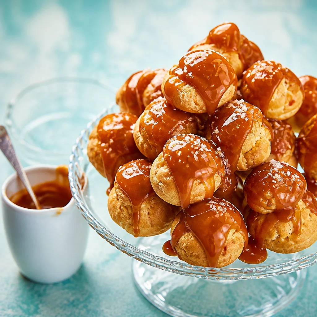 Delicious salted caramel profiteroles topped with creamy caramel sauce and sea salt.