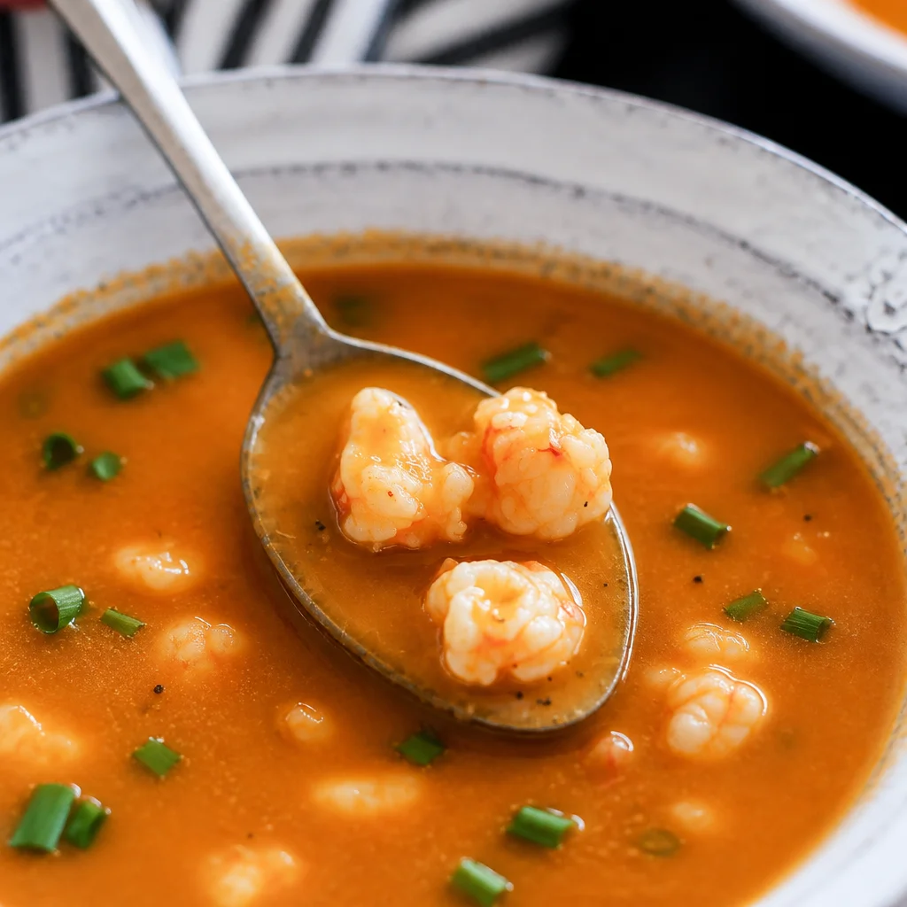 Delicious seafood bisque with shrimp and scallops served in a bowl