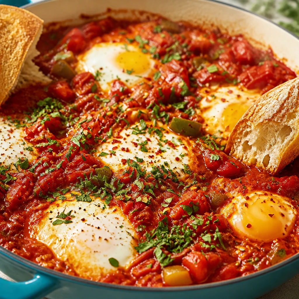 Delicious Shakshuka with poached eggs in rich tomato sauce