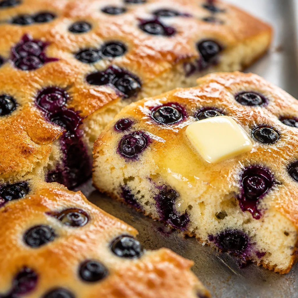 Fluffy Sheet Pan Pancakes with Blueberries, easy and quick breakfast recipe