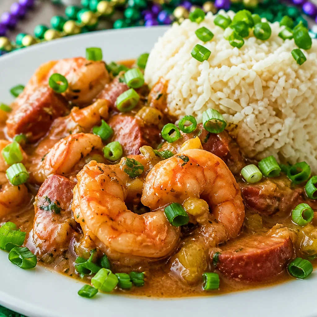 Delicious plate of Shrimp and Sausage Etouffee garnished with fresh herbs.