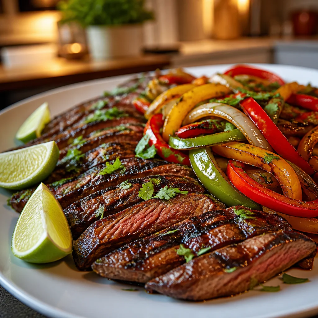 Delicious grilled skirt steak fajitas with peppers and homemade seasoning.