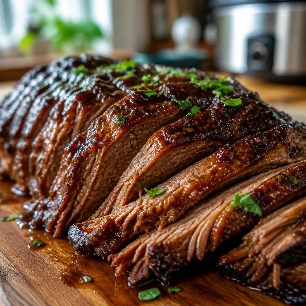 Tender slow cooker beef brisket served with BBQ sauce and caramelized onions.