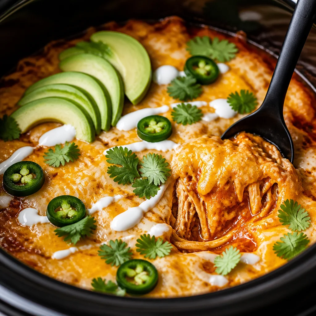 Delicious Slow Cooker Chicken Enchilada Casserole with chicken, cheese, and black beans.