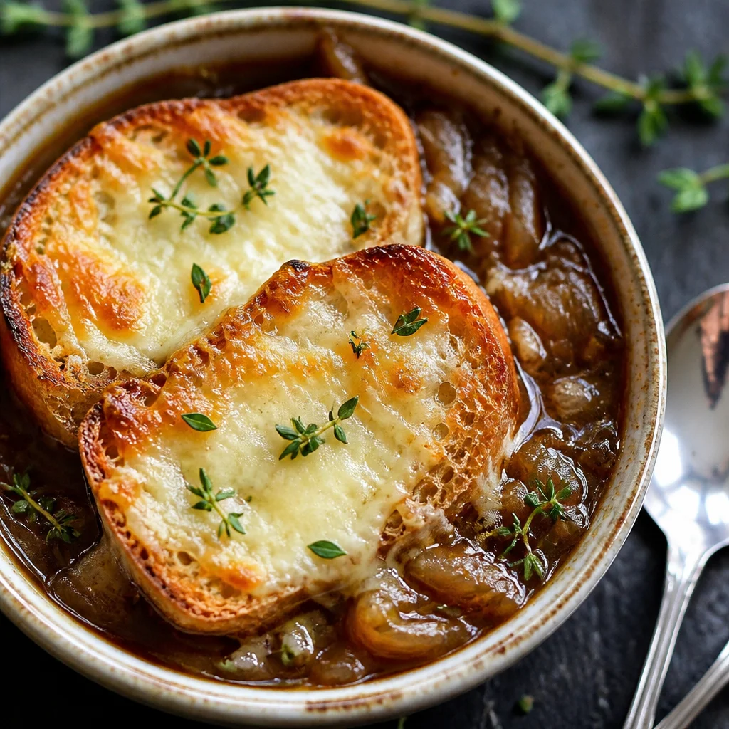 Bowl of Slow Cooker French Onion Soup topped with melted Gruyere cheese and toasted bread.