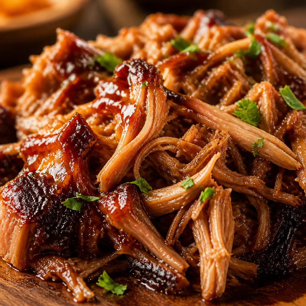 Oven-cooked Smoked Pulled Pork served with homemade BBQ sauce