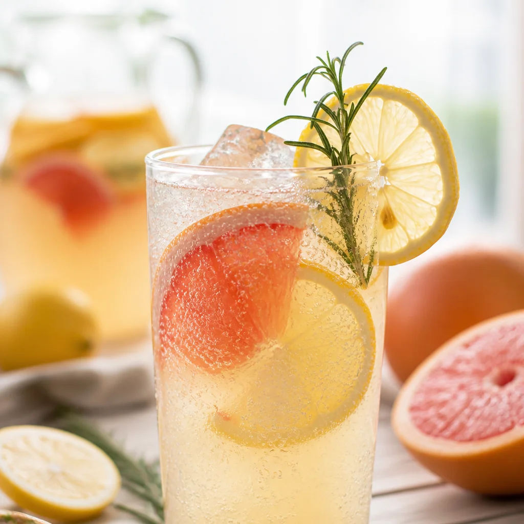Sparkling Grapefruit Rosemary Lemonade served with ice and fresh rosemary sprigs.