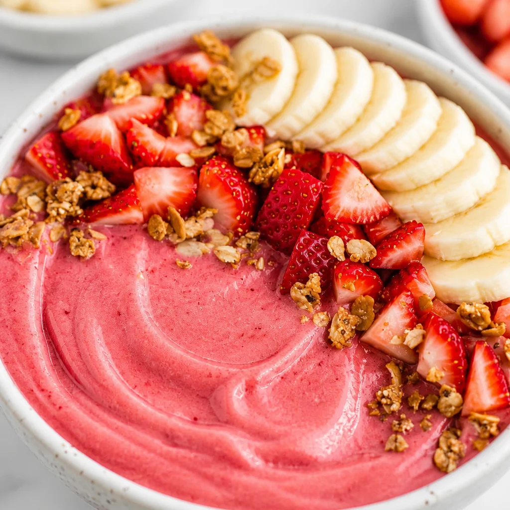 Delicious Strawberry Banana Smoothie Bowl topped with fresh fruits and granola