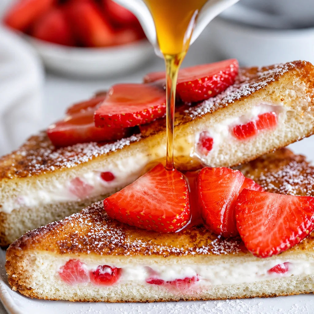 Delicious Strawberry Cream Cheese Stuffed French Toast topped with fresh strawberries.