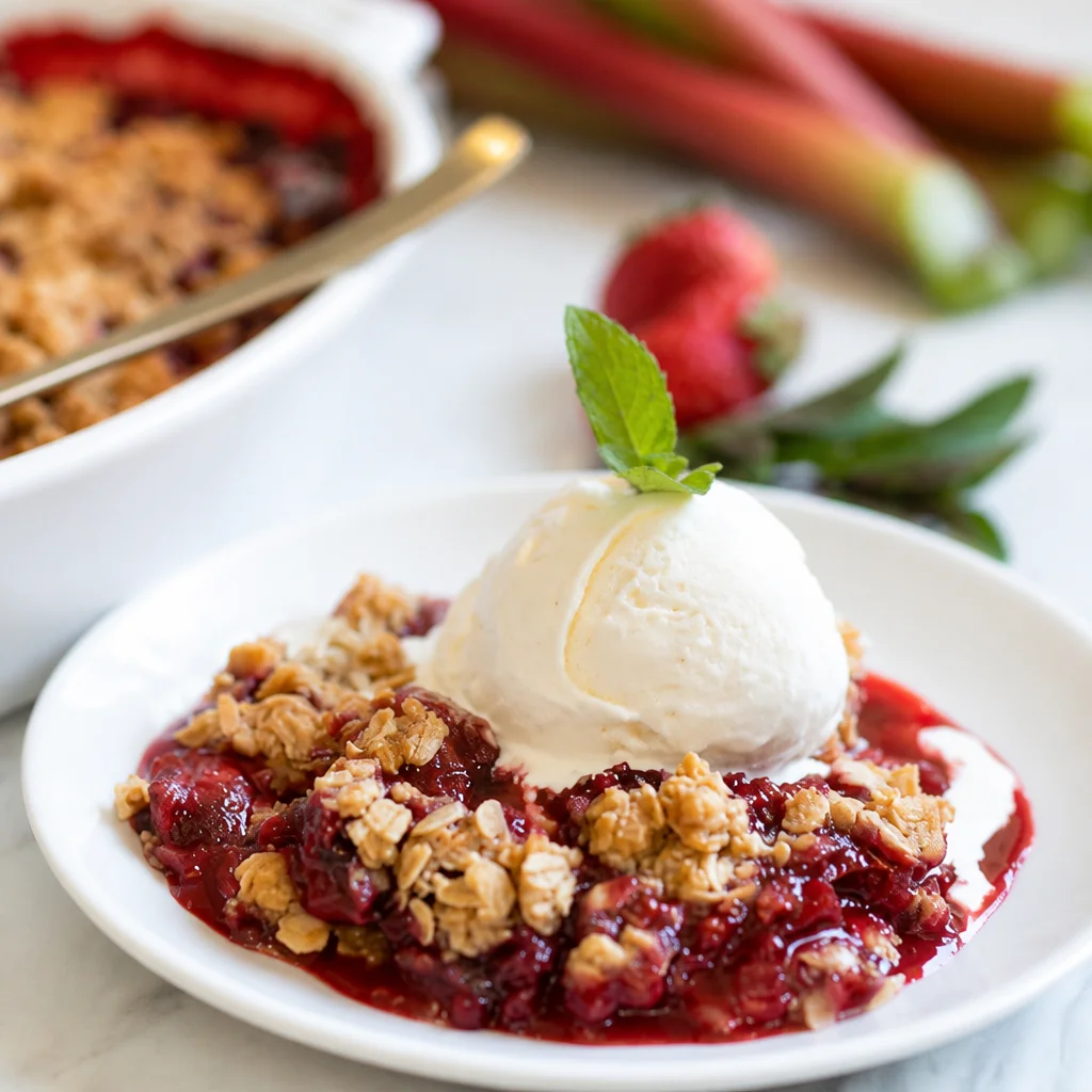 Delicious Strawberry Rhubarb Crisp with Oat Topping, fresh strawberries and rhubarb dessert.