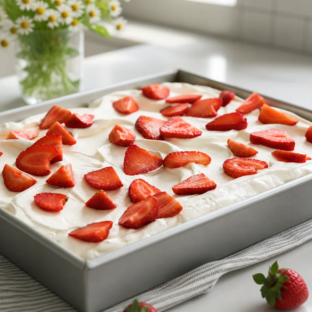 Delicious Strawberry Tres Leches Cake topped with whipped cream and strawberries.