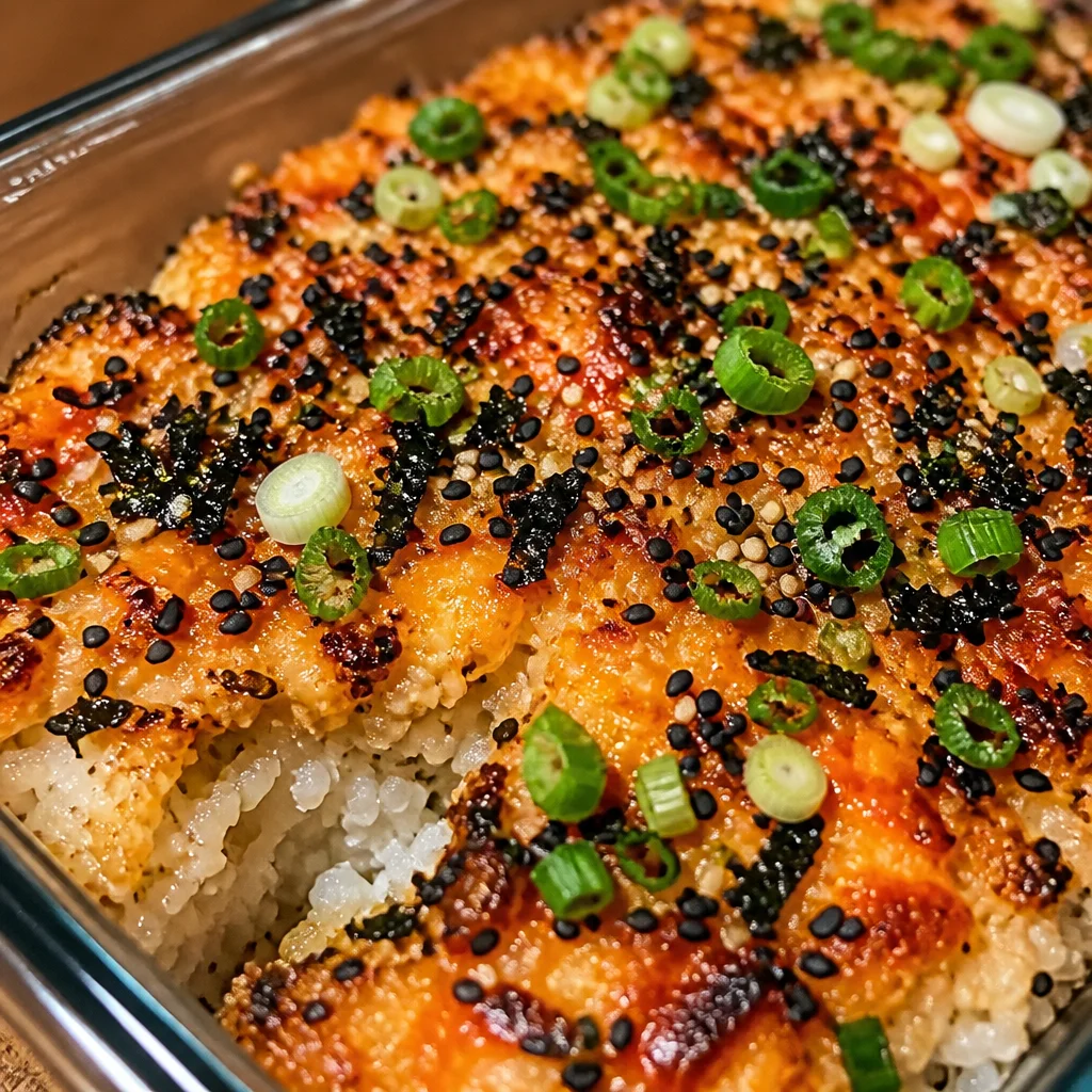 Delicious Sushi Bake with crab and spicy mayo in a casserole dish