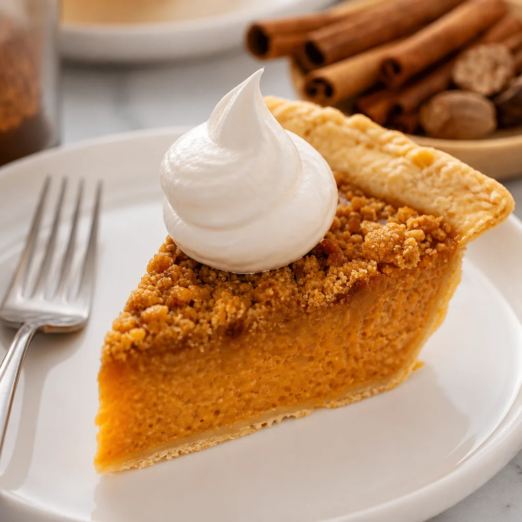 Delicious Sweet Potato Pie with Brown Sugar Crust served on a rustic table.
