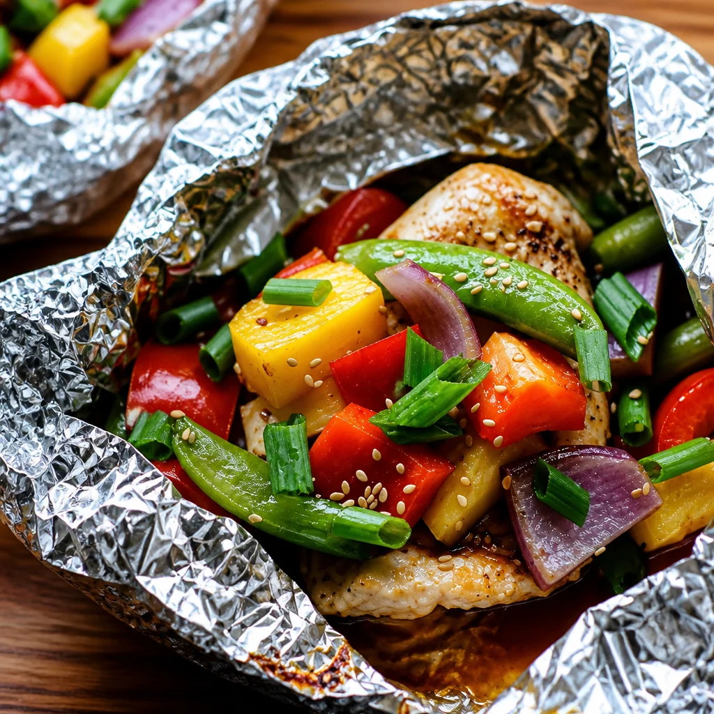 Delicious Teriyaki Chicken and Pineapple Foil Packets ready for grilling or baking.