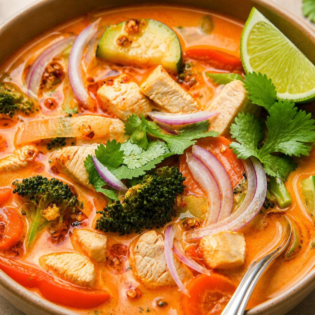 A bowl of Thai Coconut Curry Soup with Chicken, filled with veggies and vibrant colors.