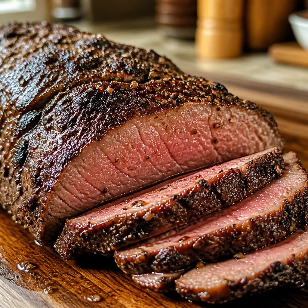 Perfectly cooked Tri Tip Roast on a platter, showcasing juicy, tender beef.