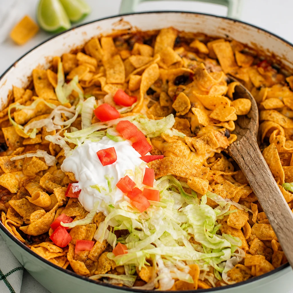 Walking Taco Casserole topped with cheese and lettuce, served in a bowl.