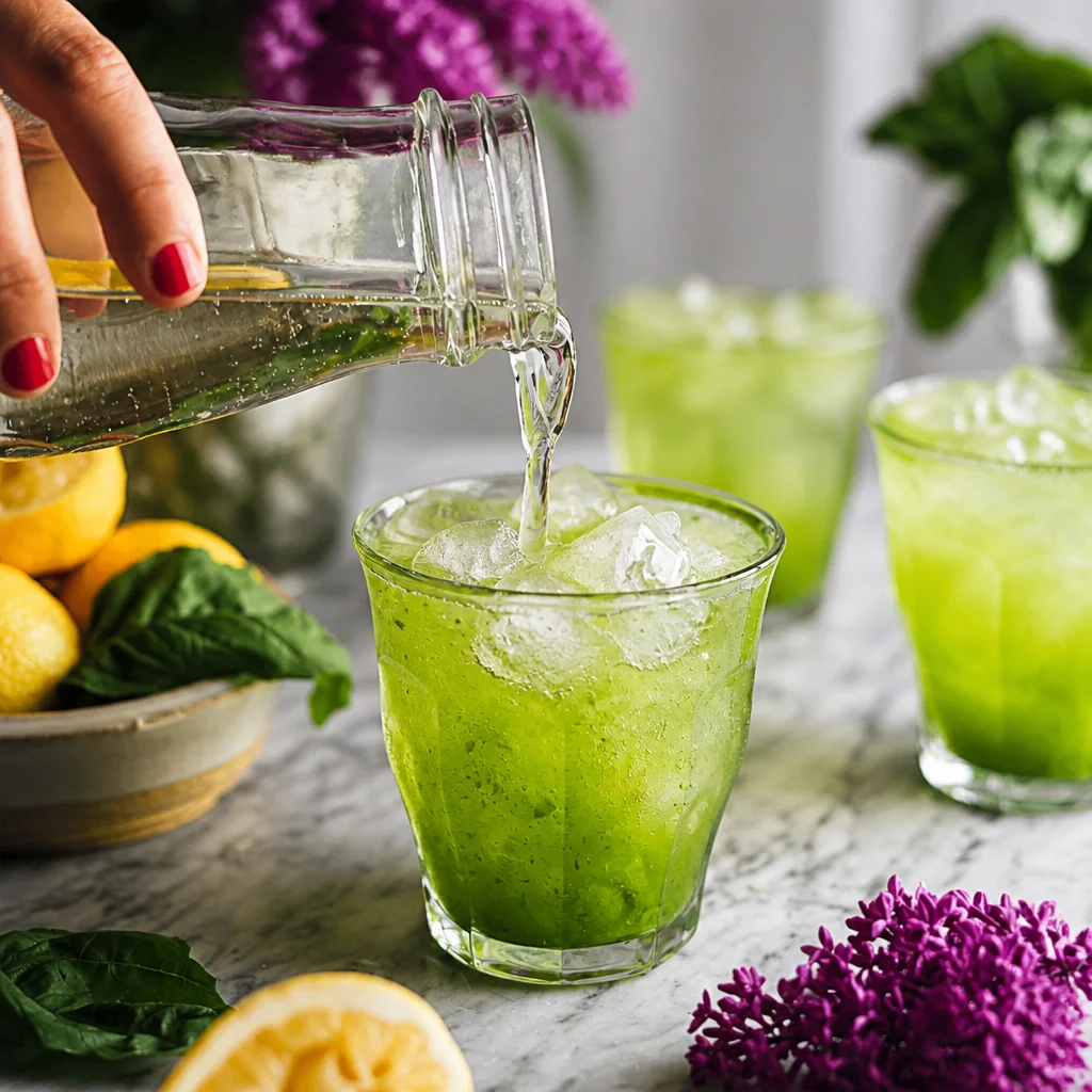 Refreshing Watermelon Basil Sparkling Lemonade in a glass with basil leaves.