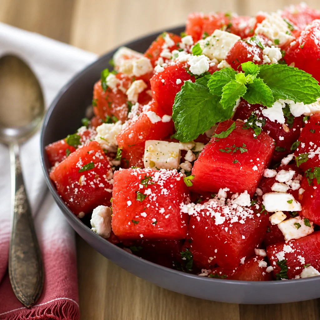 Watermelon Feta Salad with Mint served in a bowl, garnished with fresh mint leaves.