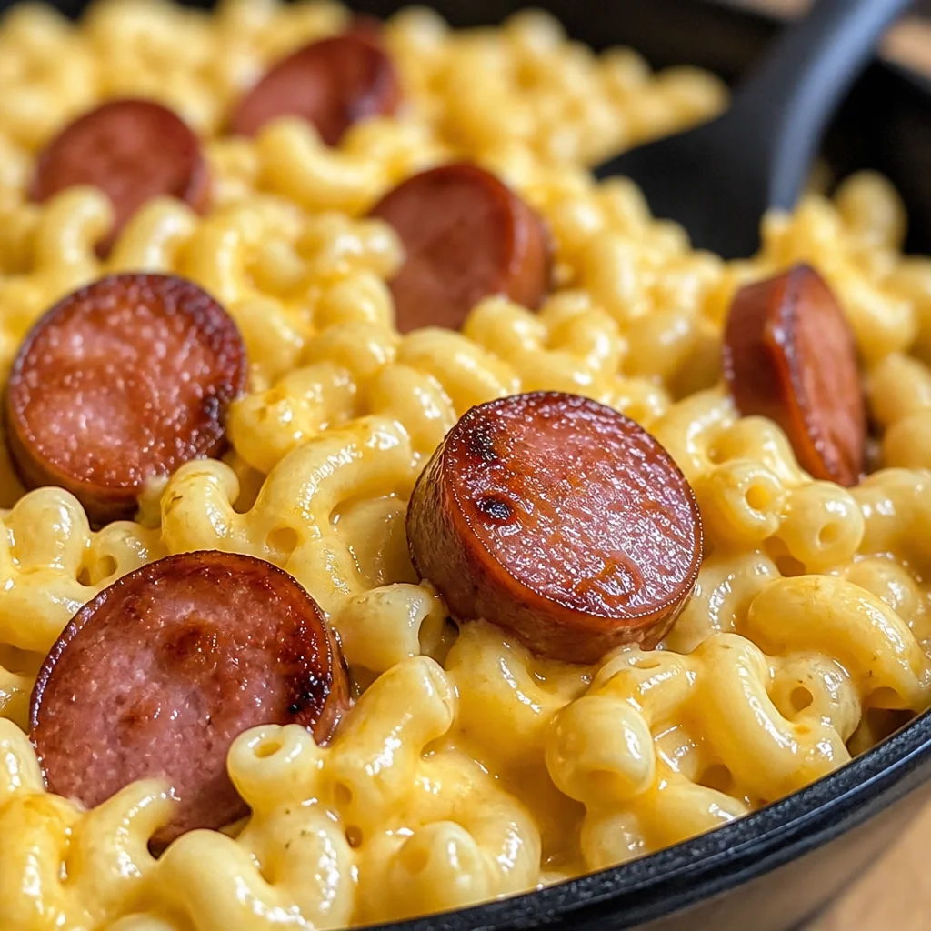 Creamy White Cheddar Mac and Cheese with Smoked Sausage Bake in a serving dish.