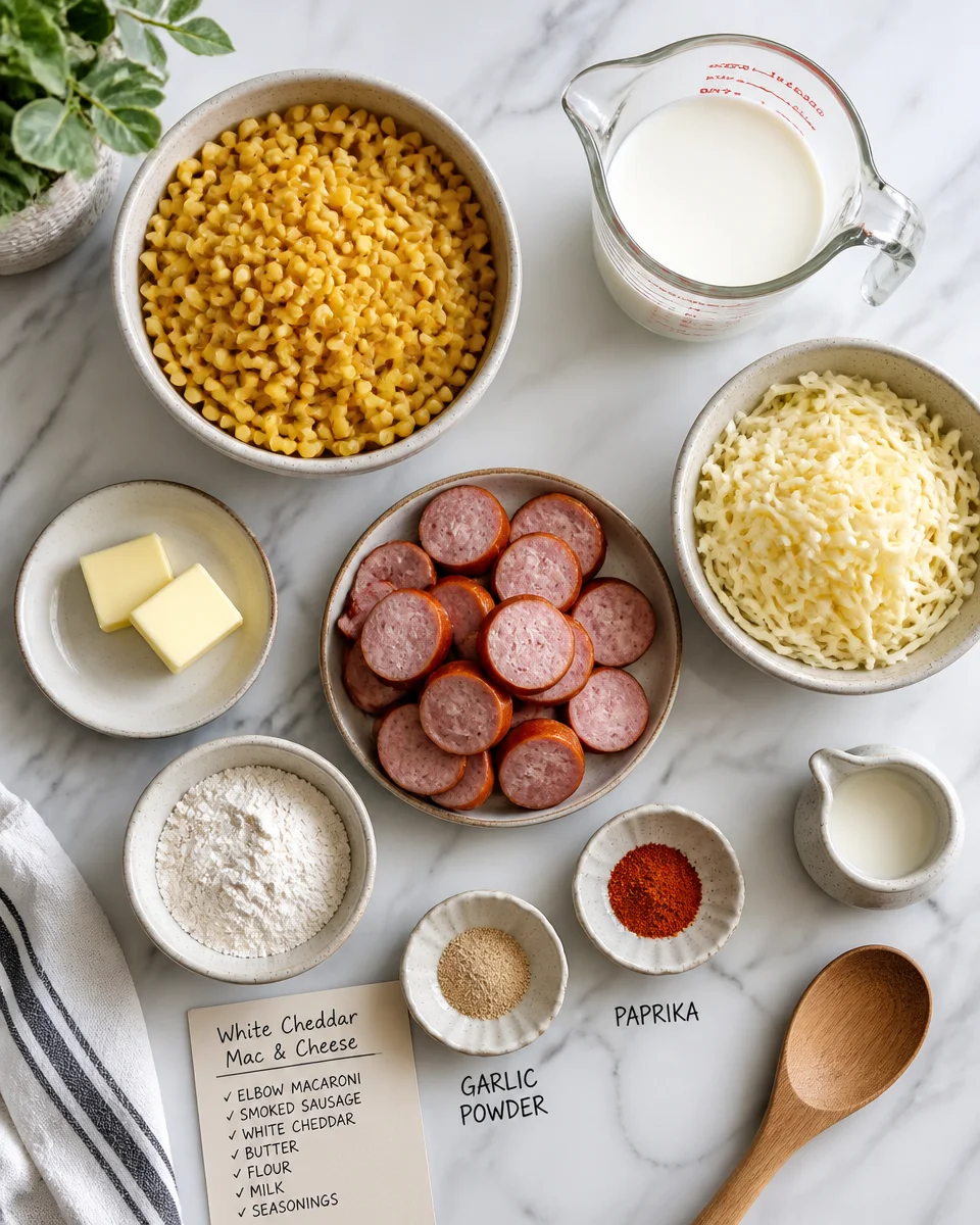 White Cheddar Mac and Cheese with Smoked Sausage Bake