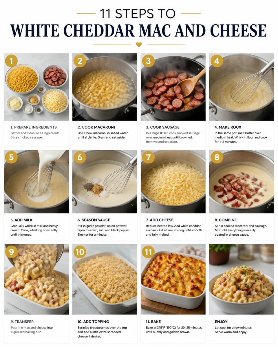 White Cheddar Mac and Cheese with Smoked Sausage Bake
