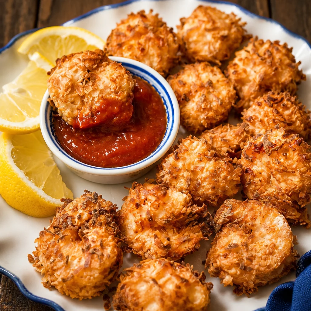 Crispy Air Fryer Coconut Shrimp served with spicy dipping sauce.