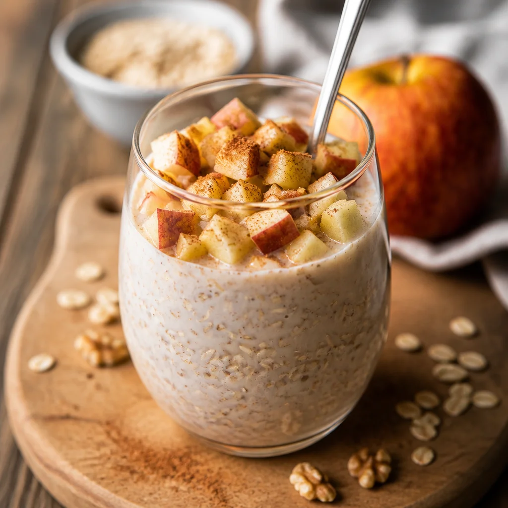 Bowl of creamy Apple Cinnamon Overnight Oats topped with diced apples and cinnamon.