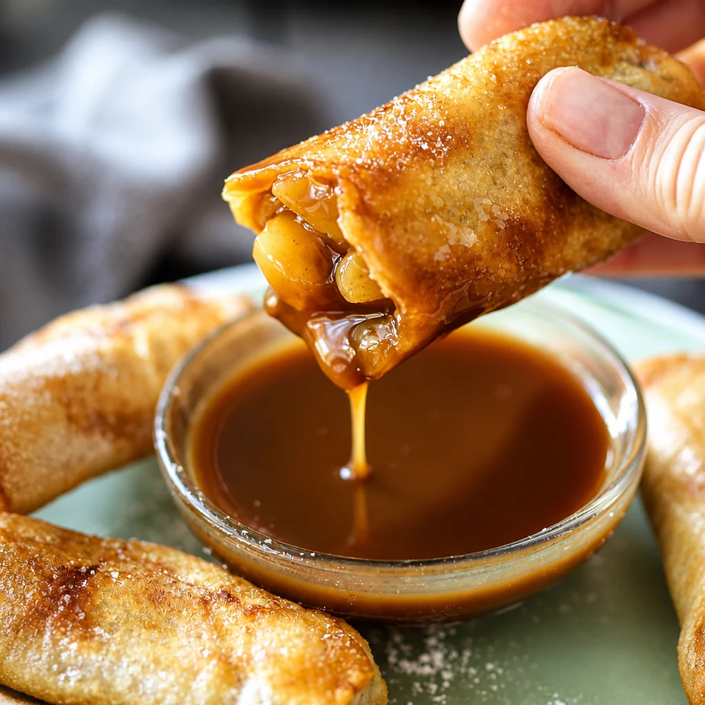 Crispy Apple Pie Egg Rolls drizzled with rich caramel sauce.