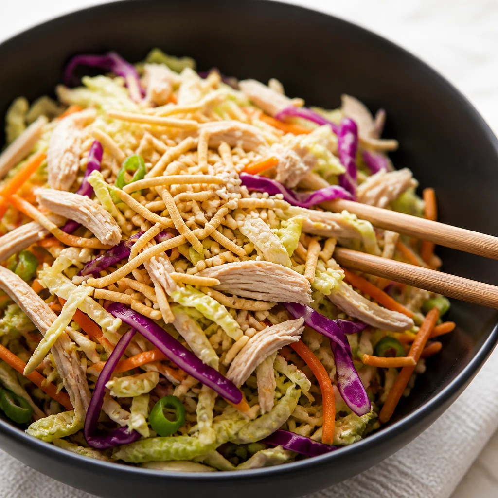 A vibrant Asian Chicken Noodle Salad with colorful veggies and grilled chicken in peanut dressing.