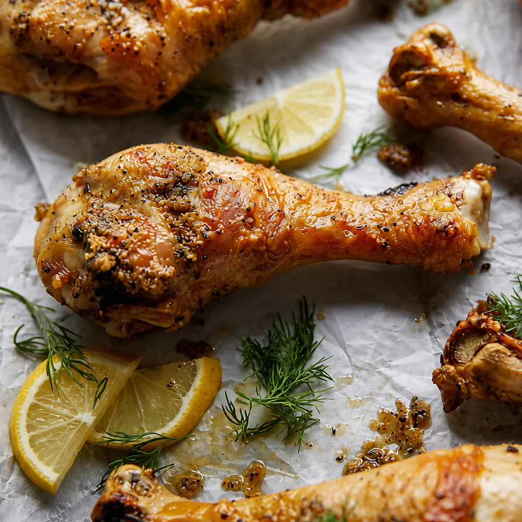 Baked Lemon Pepper Chicken Legs garnished with fresh herbs and served with vegetables