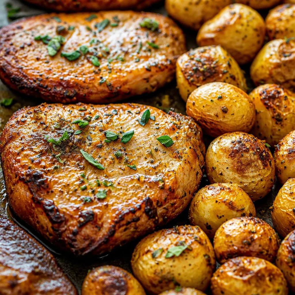 Baked Ranch Pork Chops with Potatoes on a sheet pan, ready to serve.