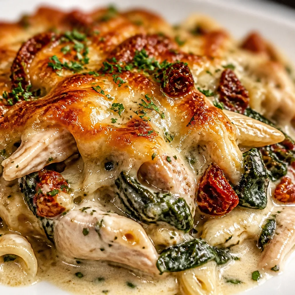 Creamy Baked Tuscan Chicken with Sun-Dried Tomatoes served on a plate with spinach.