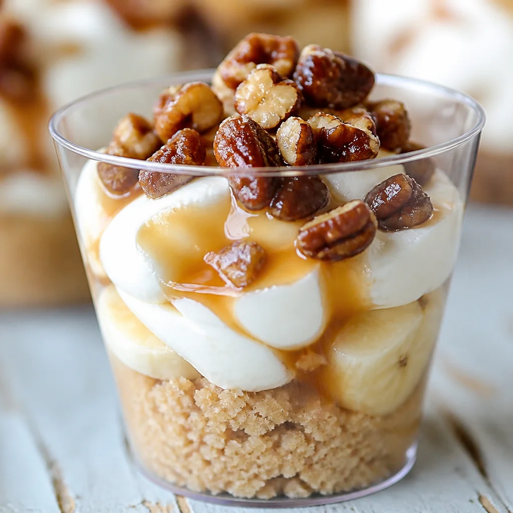 Delicious Banana Foster Pudding Cups topped with caramelized pecans and whipped cream