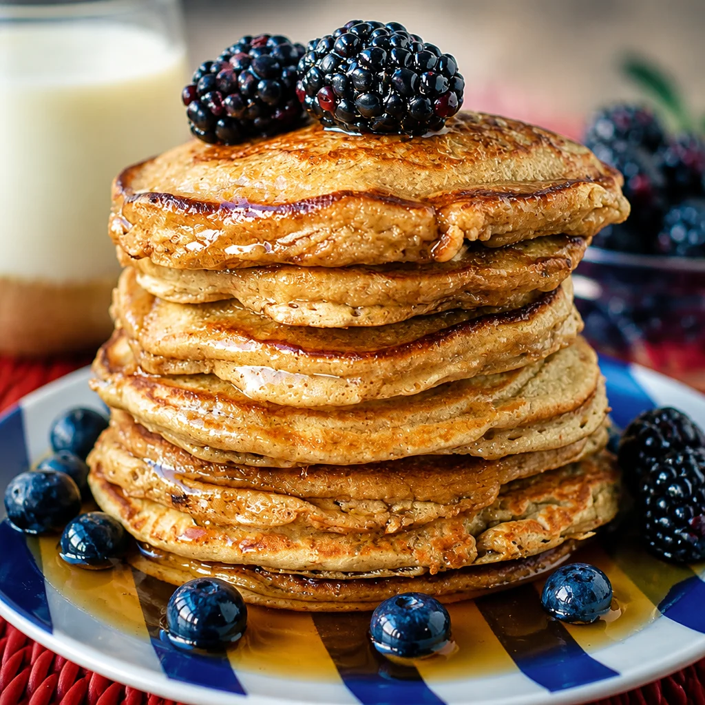 Fluffy banana oat pancakes made in the blender, healthy and flourless recipe.