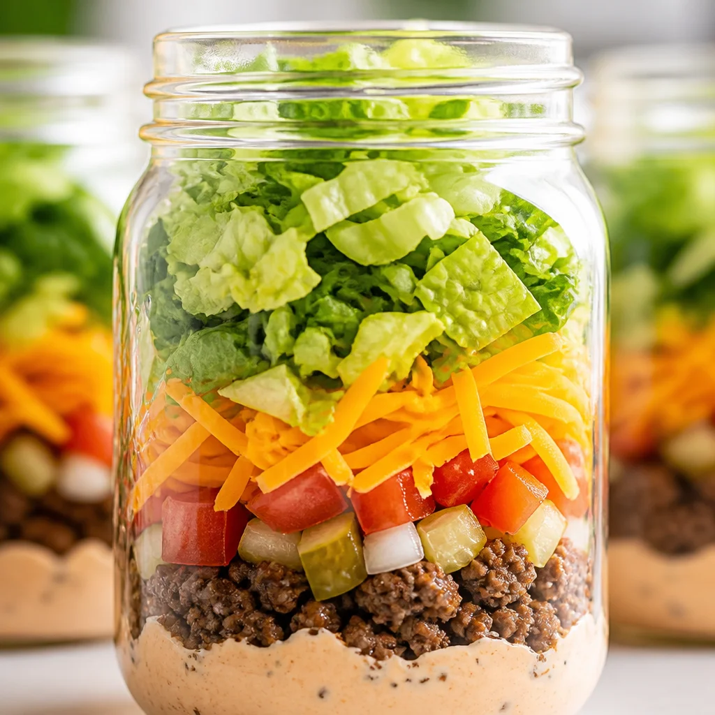 Big Mac Salad in a Jar for healthy meal prep with low-carb ingredients.